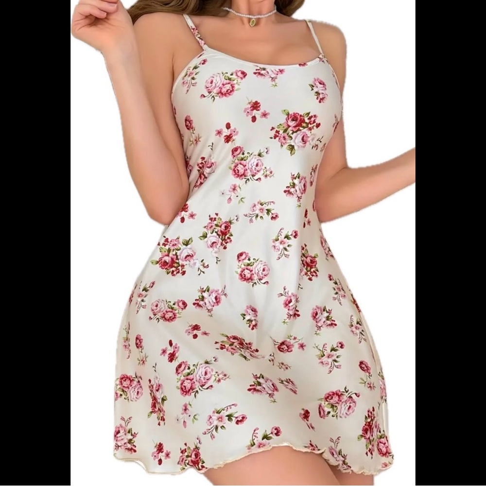 Cream White & Pink, Floral, Night Slip - Picture 6 of 8